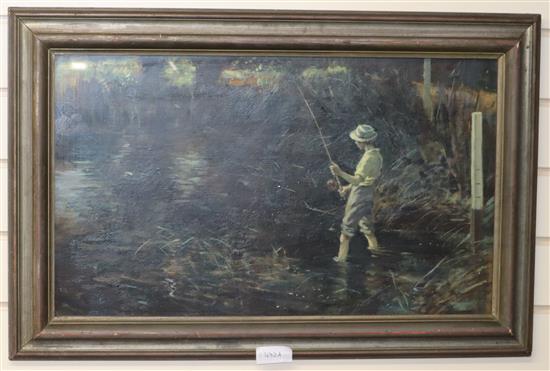 English School, oil on board, Boy angler, 37 x 62cm
